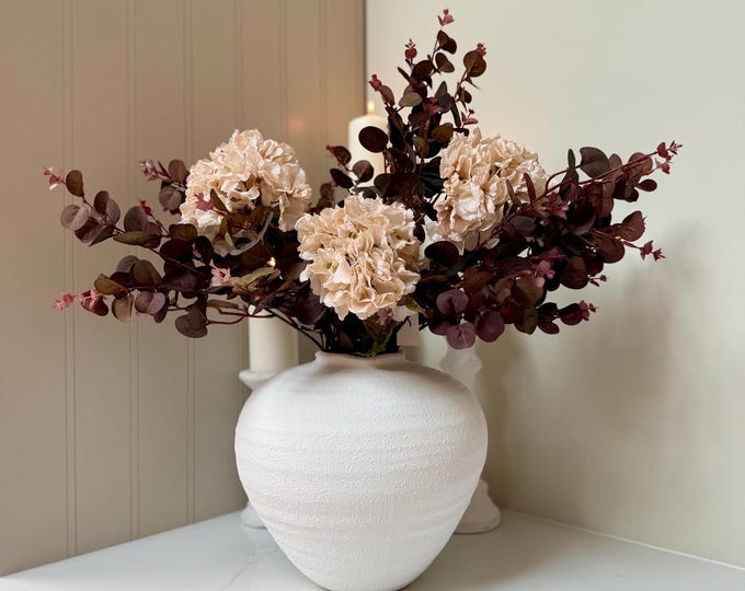 Handmade Luxury Silk Autumn Winter Floral Arrangement | Burgundy and Blush Dried Hydrangea Artificial Flower Bouquet with White Vase - Nala