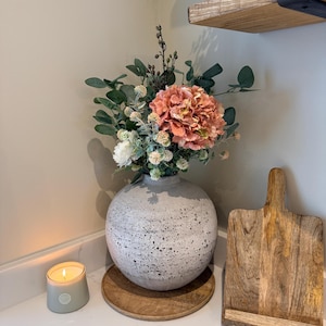 Handmade Luxury Silk Autumn Floral Arrangement | Hydrangea, Ranunculus and Eucalyptus | Artificial Flower Bouquet in Stone Vase - Mabel