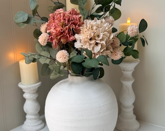 Maeva – Handmade Luxury Silk Autumn Floral Bouquet Arrangement | Blush Pink Dried Hydrangea Artificial Flower with Optional White Vase
