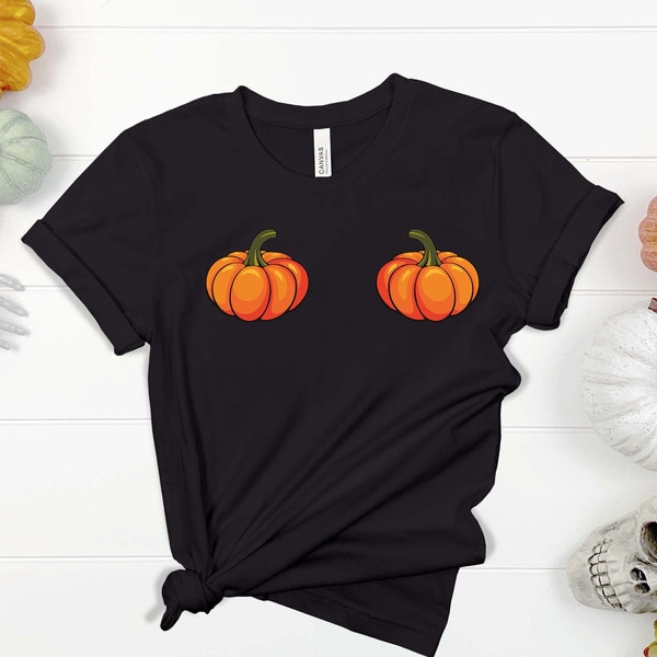 Womens Pumpkin Bra Halloween Funny Costume T-Shirt / Playera halloween con Bra de Calabazas/ Pumpkin Bra Shirt Gift for Girlfriend