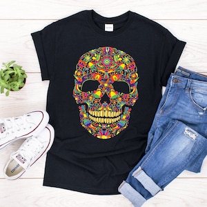 Mexikanischer Sugar Skull Floral Huichol Dia de Muertos Mexikanische Halloween Latina Lustiges T-Shirt / Mexikanisches Shirt für Halloween Party
