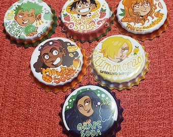 Pirate Soda Bottle Cap Buttons- Luffy, Zoro, Nami, Usopp, Sanji, Robin, Chopper, Franky