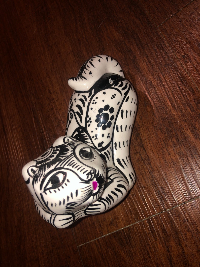 Black and White Mexican Folk Art Glazed Pottery Ceramic Large Cat Coin Bank