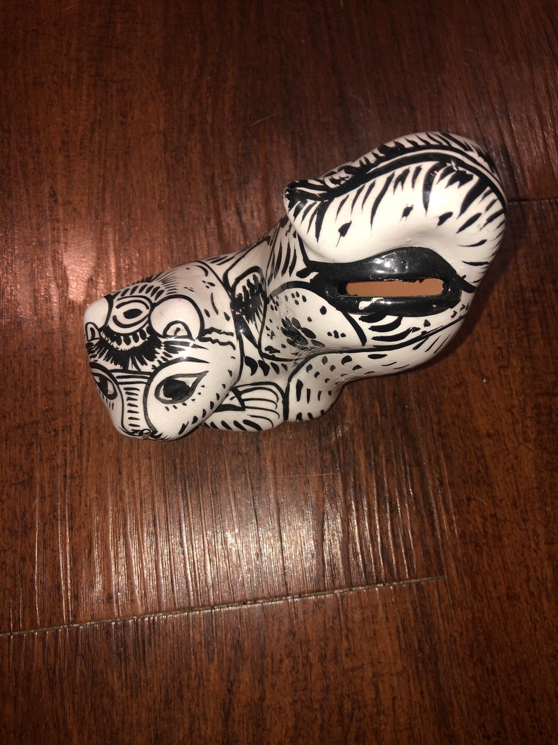 Black and White Mexican Folk Art Glazed Pottery Ceramic Large Cat Coin Bank