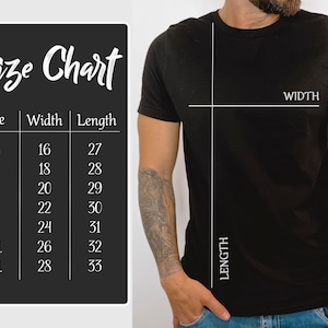 May include: Size chart for a t-shirt with measurements in inches for width and length. Sizes include XS, S, M, L, XL, 2XL, and 3XL.