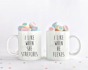 I Like When She Stretches - I Like When He Benches | Valentines Gift | Cute Lovers Coffee Mug | Gift for Valentines | Fitness Couples Mug