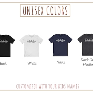 May include: A graphic t-shirt design featuring the word "DAD" with a stylized heart design. The shirt is available in black, white, navy, and dark grey heather.