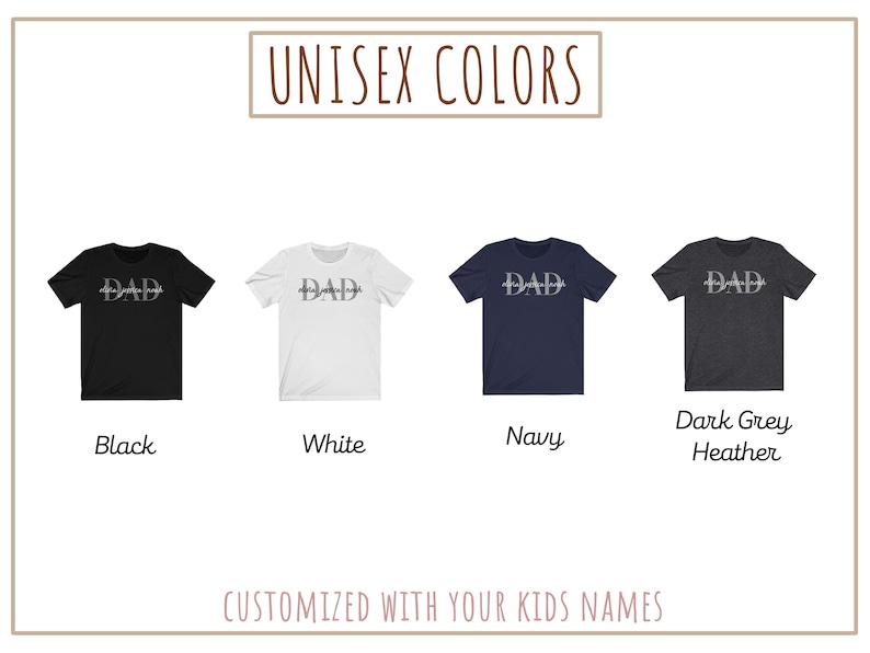 May include: A graphic t-shirt design featuring the word "DAD" with a stylized heart design. The shirt is available in black, white, navy, and dark grey heather.