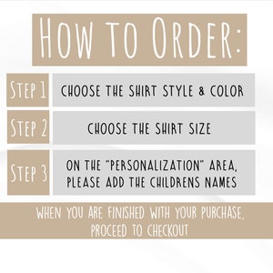 May include: A how-to guide for ordering a personalized shirt. The steps include choosing the shirt style and color, choosing the shirt size, and adding the children's names to the personalization area.