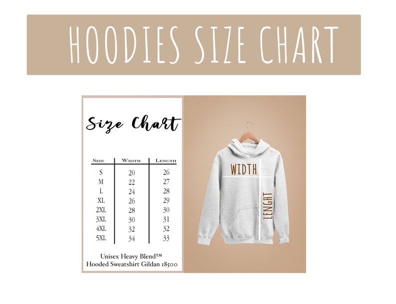 K&ouml;nnte beinhalten: Eine Gr&ouml;&szlig;entabelle f&uuml;r Hoodies mit Ma&szlig;en in Zentimetern. Die Tabelle umfasst die Gr&ouml;&szlig;en S bis 5XL und gibt Breite und L&auml;nge an. Ein hellgrauer Hoodie wird auf einem Kleiderb&uuml;gel gezeigt, mit Linien, die die Breiten- und L&auml;ngenma&szlig;e angeben.
