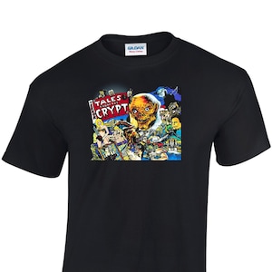 May include: Black t-shirt featuring a colorful graphic from the horror anthology series, Tales from the Crypt. The design includes the Crypt Keeper and various other characters from the show. The shirt is made of a soft, comfortable material.