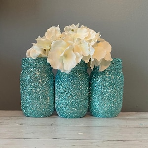 3 Teal Glitter Mason Jars, Teal Wedding Vases, Glitter Jars, Glitter Vases, Teal Glitter Mason Jar image 1