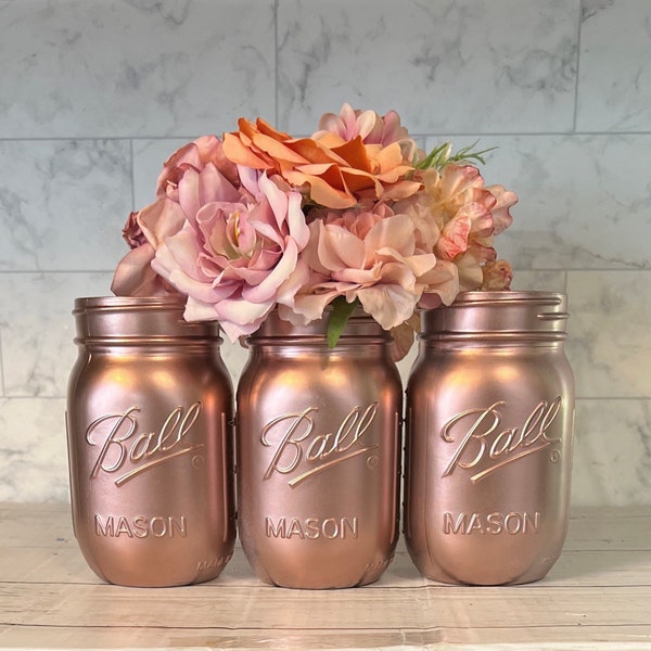 3 Rose Gold Painted Jars/ Rose Gold Mason Jars/ 3 Mason Jars/  Rose Gold Vases/Organizing Jars/Wedding Decor/ Painted Mason Jars