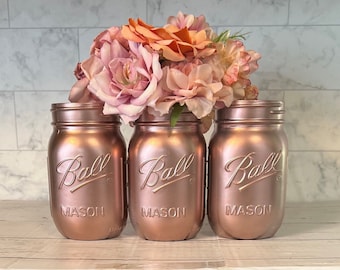 3 Rose Gold Painted Jars/ Rose Gold Mason Jars/ 3 Mason Jars/  Rose Gold Vases/Organizing Jars/Wedding Decor/ Painted Mason Jars