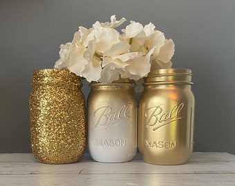 3 Gold and White Mason Jars , Set of 3 Glitter Vases, White and Gold Jars, Glitter Mason Jars, Rose Gold  Wedding Decor