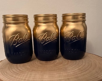 3 Marineblauwe en Gouden Mason Jars / Ombre Mason Jars / Gold Mason Jars / 3 Mason Jars / Mason Jar / Wedding Centerpiece