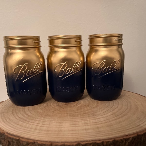 3 Navy and Gold Mason Jars/ Ombre Mason Jars/ Gold Mason Jars/ 3 Mason Jars/ Mason Jar / Wedding Centerpiece