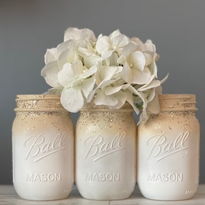 3 White and Ivory Mason Jars/ Ombre Mason Jars/ Mason Jars/ 3 Mason Jars/ Glitter Mason Jar / wedding centerpiece