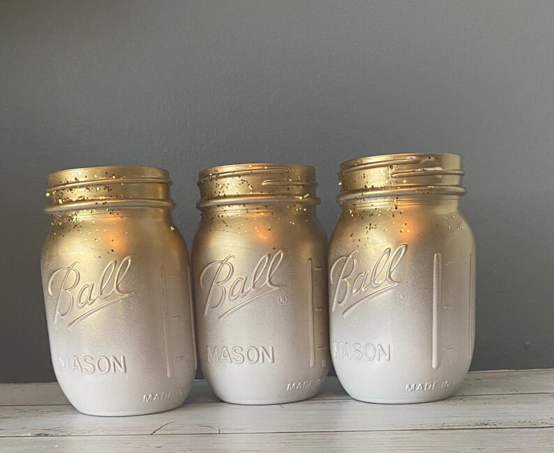 3 White and Gold Mason Jars/ Ombre Mason Jars/ Gold Mason Etsy