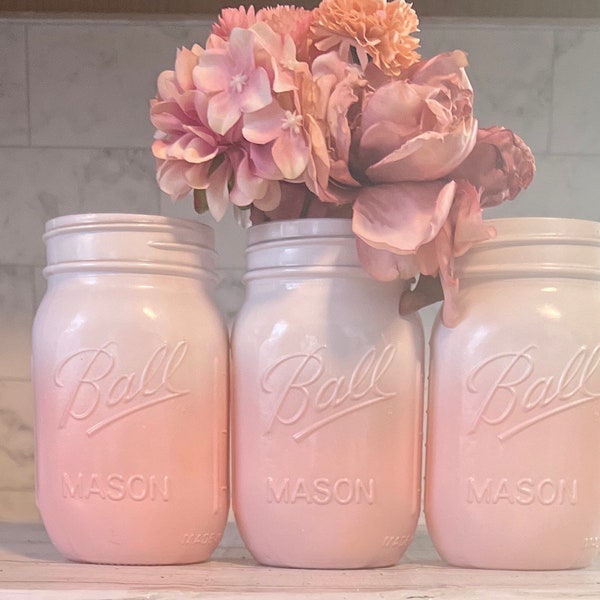 3 Ombre Pink and White Painted Mason Jar Centerpieces, Ombre Mason Jars, Baby Shower, Gender Reveal Centerpiece, Set of 3 Mason Jars