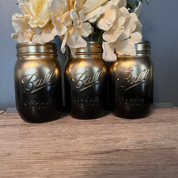 3 Black and  Gold Mason Jars/ Ombre Mason Jars/ Gold Mason Jars/ 3 Mason Jars/ Mason Jar / wedding centerpiece