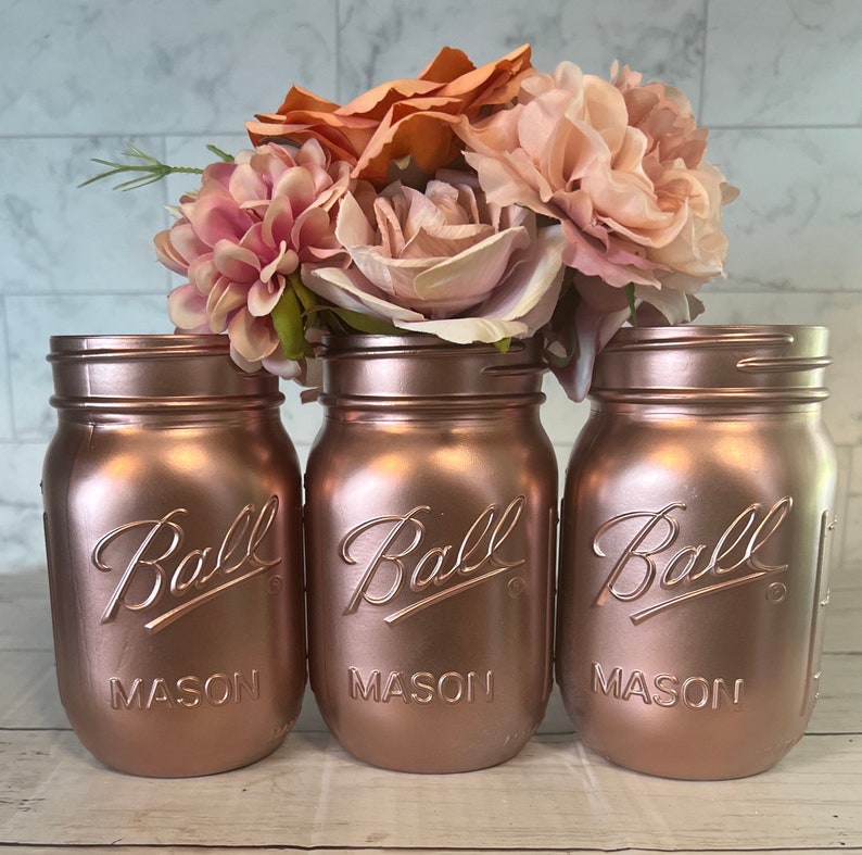 3 Rose Gold Painted Jars/ Rose Gold Mason Jars/ 3 Mason Jars/ Etsy