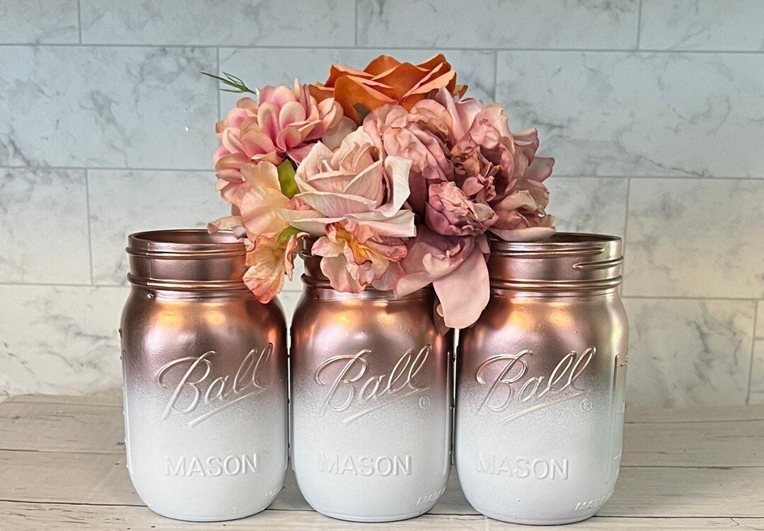 3 White and Rose Gold Mason Jars/ Ombre Mason Jars/ Rose Gold Mason