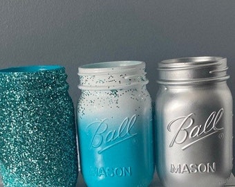 3 groenblauwe en zilveren Mason Jars, set van 3 glittervazen, witte en gouden potten, glitter mason jars, bruiloft decor