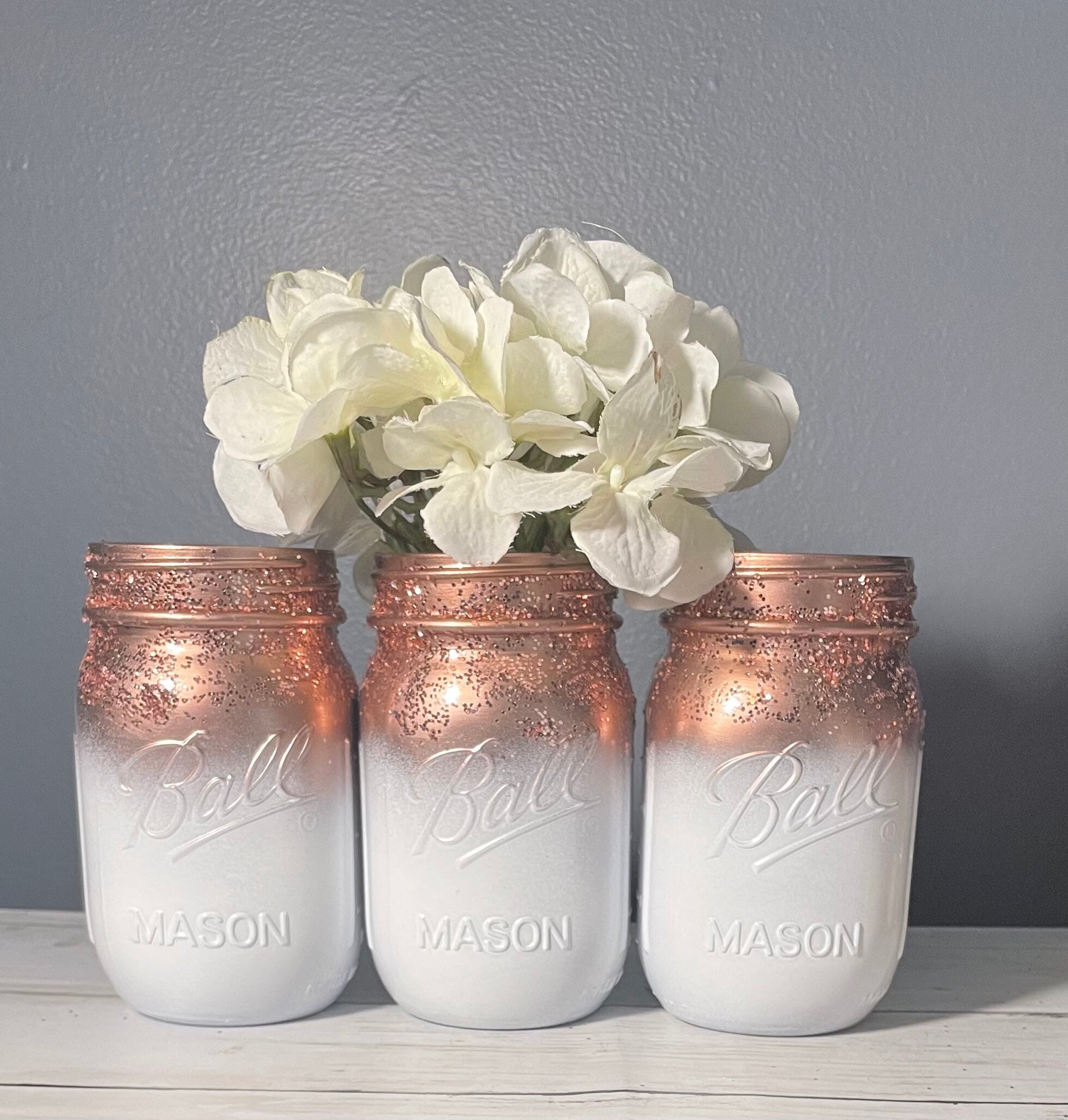 3 White and Rose Gold Mason Jars/ Ombre Mason Jars/ Rose Gold Etsy