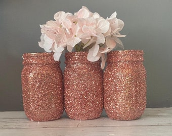 3 Rose Gold Glitter Mason Jars, Rose Gold Wedding Vases, Glitter Jars, Glitter Vases, Rose Gold Glitter Mason Jar