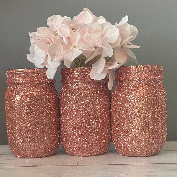 3 Rose Gold Glitter Mason Jars, Rose Gold Wedding Vases, Glitter Jars, Glitter Vases, Rose Gold Glitter Mason Jar