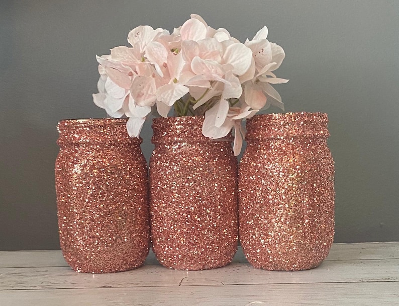 3 Rose Gold Glitter Mason Jars Rose Gold Wedding Vases Etsy