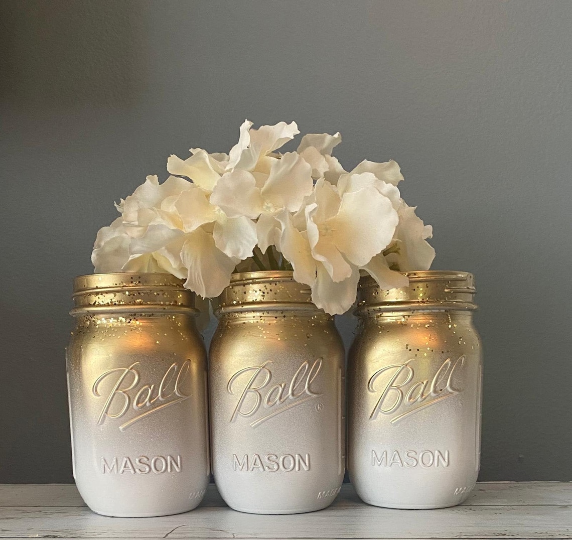 3 White and Gold Mason Jars/ Ombre Mason Jars/ Gold Mason | Etsy