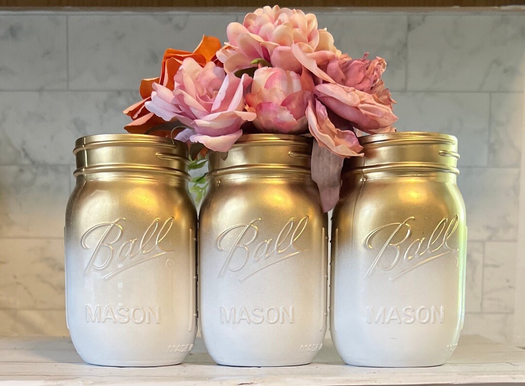 3 White and Gold Mason Jars/ Ombre Mason Jars/ Gold Mason Jars/ 3 Mason