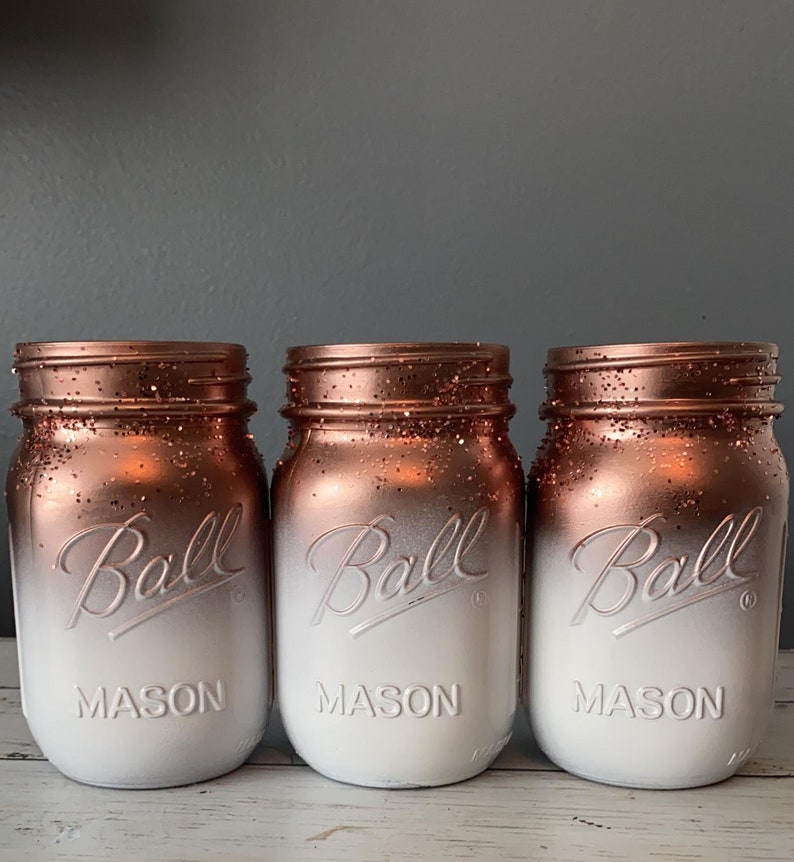 3 White and Rose Gold Mason Jars/ Ombre Mason Jars/ Rose Gold Etsy
