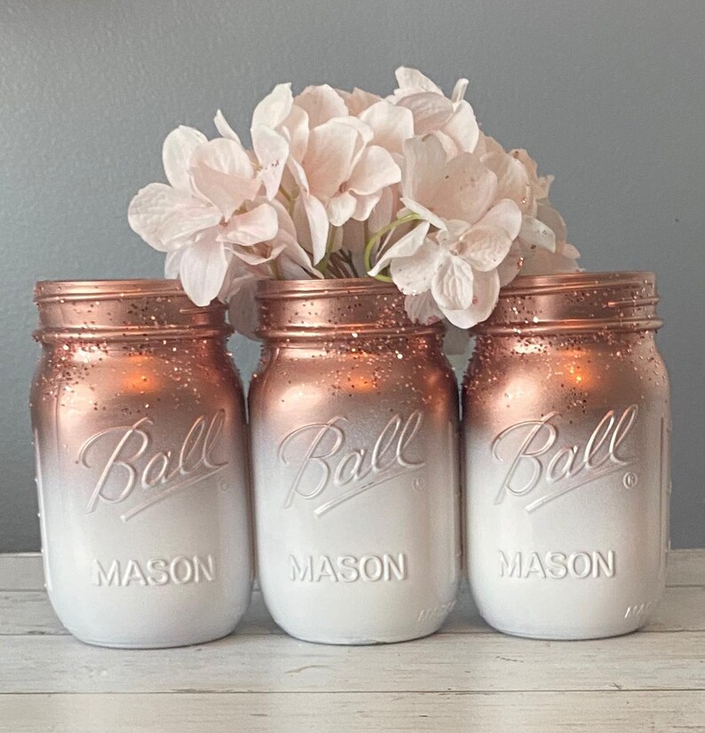 3 White and Rose Gold Mason Jars/ Ombre Mason Jars/ Rose Gold Etsy