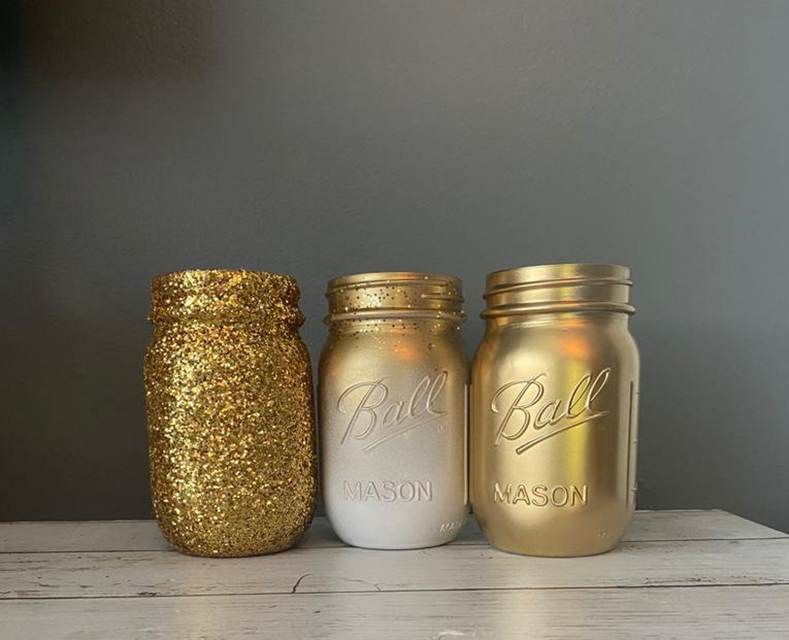 3 Gold and White Mason Jars Set of 3 Glitter Vases White Etsy