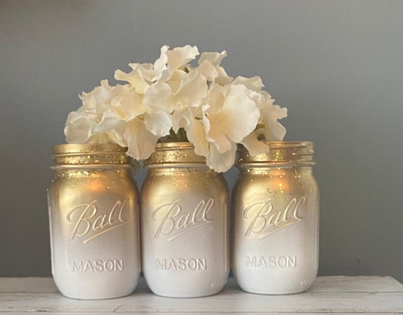 3 White and Gold Mason Jars/ Ombre Mason Jars/ Gold Mason Etsy