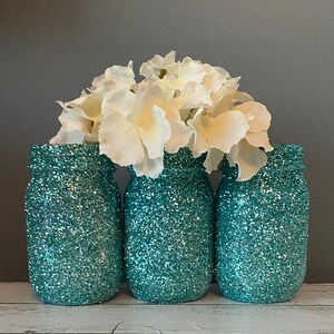 3 Teal Glitter Mason Jars, Teal Bruiloft Vazen, Glitter Potten, Glitter Vazen, Teal Glitter Mason Jar afbeelding 2