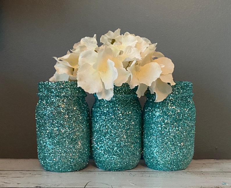 3 Teal Glitter Mason Jars, Teal Bruiloft Vazen, Glitter Potten, Glitter Vazen, Teal Glitter Mason Jar afbeelding 2