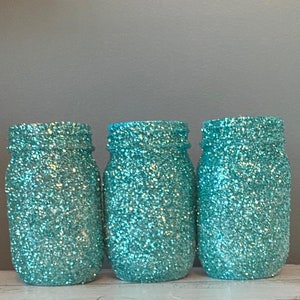 3 Teal Glitter Mason Jars, Teal Bruiloft Vazen, Glitter Potten, Glitter Vazen, Teal Glitter Mason Jar afbeelding 3