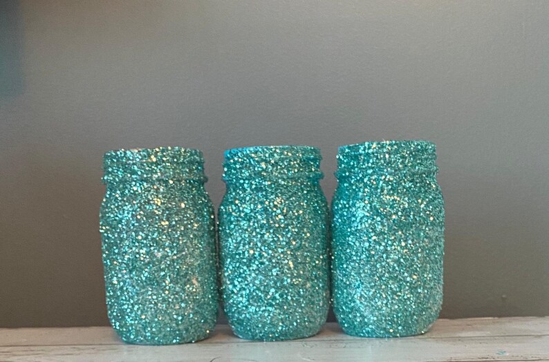 3 Teal Glitter Mason Jars, Teal Bruiloft Vazen, Glitter Potten, Glitter Vazen, Teal Glitter Mason Jar afbeelding 3