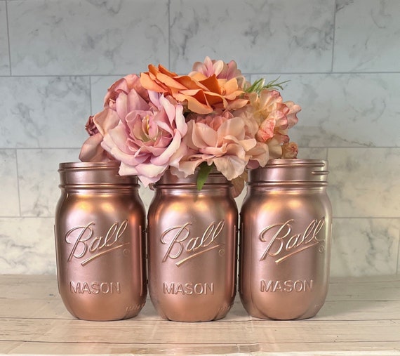 3 Rose Gold Painted Jars/ Rose Gold Mason Jars/ 3 Mason Jars/ Etsy