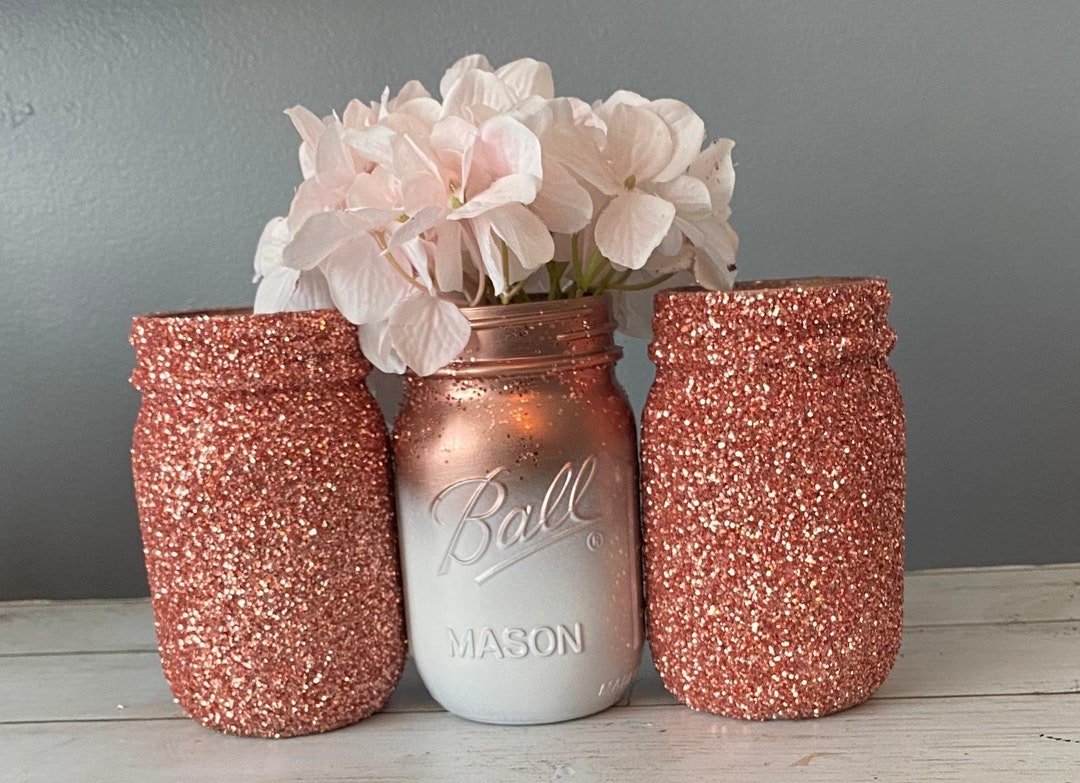 Set of 3 White and Rose Gold Mason Jars, Rose Gold and White Wedding Vases, Painted Mason Jar