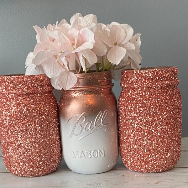 Set of 3 White and Rose Gold Mason Jars, Rose Gold and White Wedding Vases, Painted Mason Jar Centerpieces, Ombre Jars