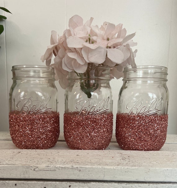 3 Glitter Mason Jars Rose Gold Wedding Vases Glitter Jars