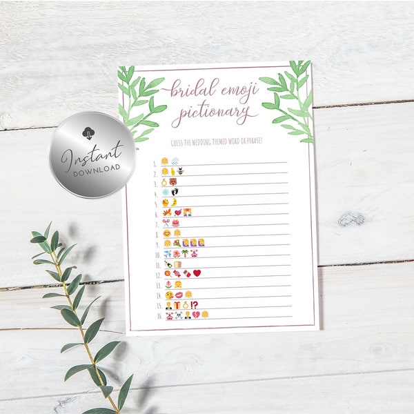 Bridal Shower Games, Printable Emoji Game, Emoji Pictionary, Wedding Shower Game, Bachelorette Party Games, Bride to Be, Watercolor Greenery