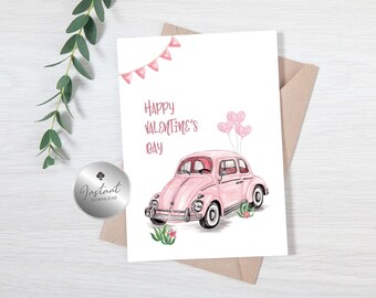 Valentine's Day Card, Printable Valentine's Card, Printable Cards for Her with Watercolour Car, Romantic Card, Card for Her