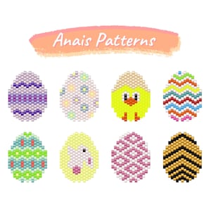 May include: Eight colourful bead patterns for Easter eggs, including a chick, a bunny, stripes, and zigzags. Anais Patterns.