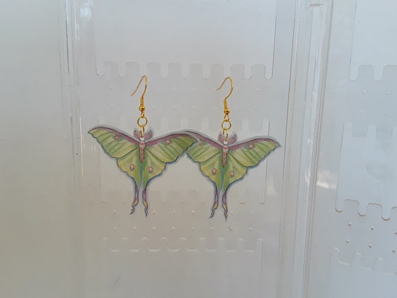 Earrings, Luna Moth earrings, shrink plastic earrings, unique earrings, moth earrings, pierced